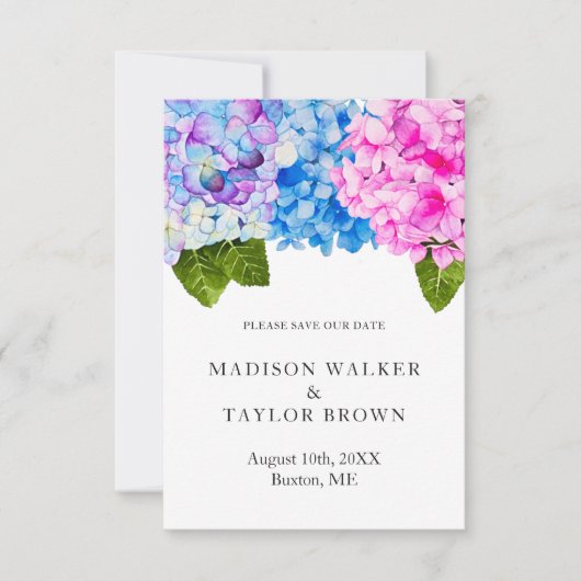 Chic Pink Blue Watercolor Hydrangea Wedding Save The Date (Vorderseite)