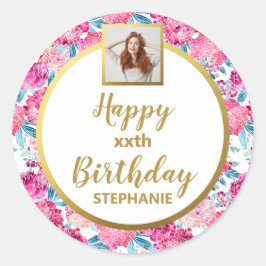 Chic Pink Blume, Custom Foto, Happy Birthday Runder Aufkleber
