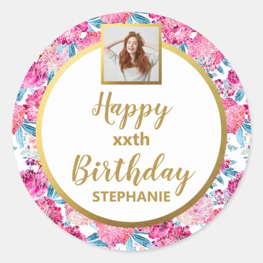Chic Pink Blume, Custom Foto, Happy Birthday Runder Aufkleber (Vorderseite)