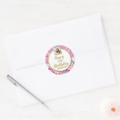 Chic Pink Blume, Custom Foto, Happy Birthday Runder Aufkleber (Umschlag)