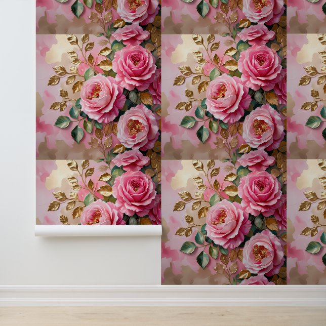 Chic Pink Blume Gold Accent Wallpaper Tapete (Anwendung)