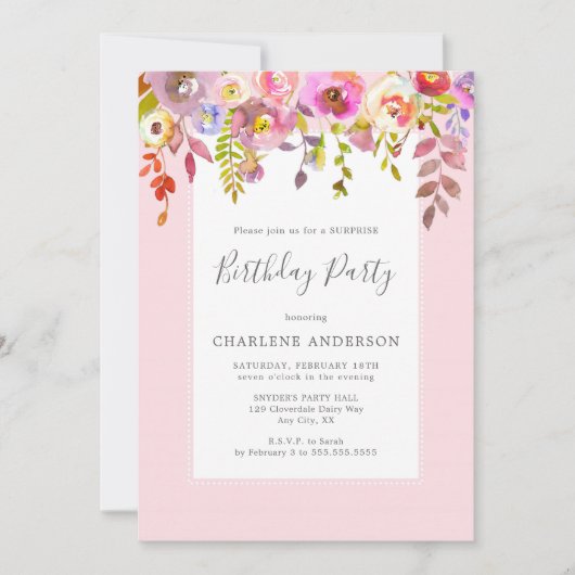 Chic pink Blumen Geburtstagsparty Einladung (Vorderseite)