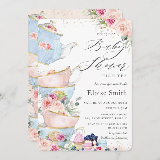 Chic Pink Blumenstrauß Tee Party Babydusche Einladung (Vorne/Hinten)