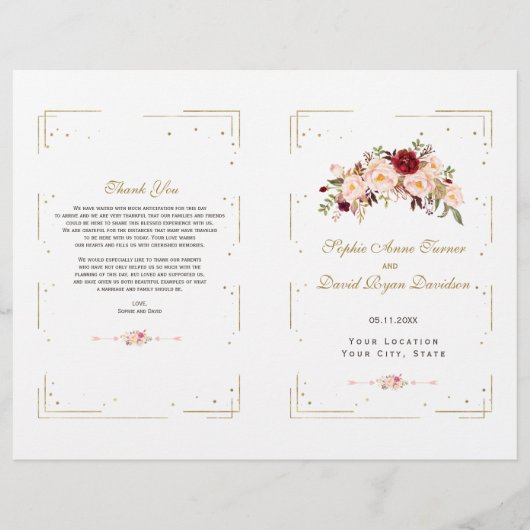 Chic Pink Blush Blume Gold Frame Hochzeitsprogramm (Vorderseite)