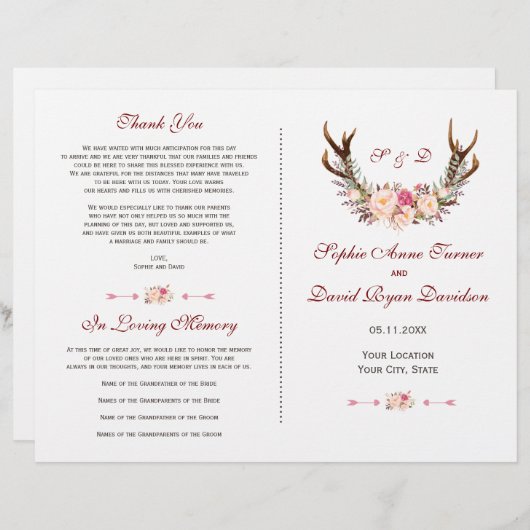 Chic Pink Blush Floral Antlers Wedding Programm (Vorne/Hinten)