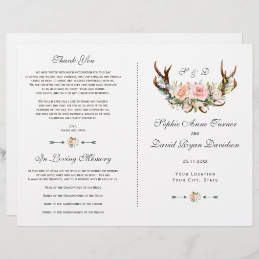 Chic Pink Blush Floral Antlers Wedding Programm (Vorne/Hinten)