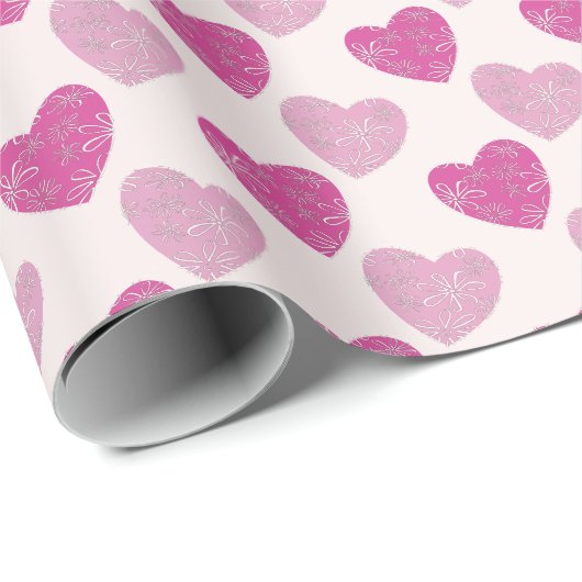 Chic Pink Blush Floral Doodle Gemustert Hearts Geschenkpapier (Rolleneckpunkt)