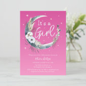 Chic Pink Boho Pampas Grass Moon Babydusche Einladung (Stehend Vorderseite)