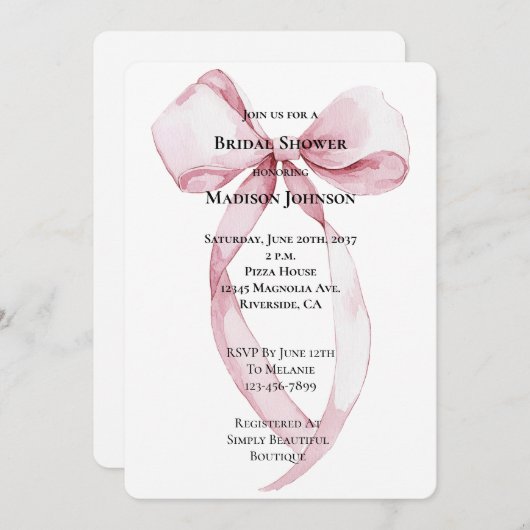 Chic Pink Bow Brautparty Einladung (Vorne/Hinten)