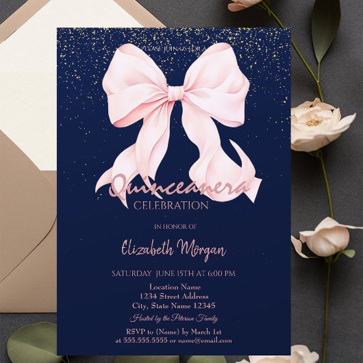 Chic Pink Bow Confetti Navy Blue Quinceañera Einladung