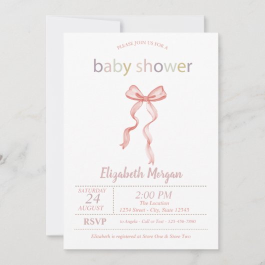 Chic Pink Bow Dotted Baby Dusche Einladung (Vorderseite)