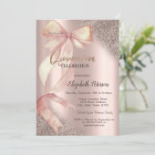 Chic Pink Bow Glitter Rose Gold  Quinceañera Einladung (Stehend Vorderseite)