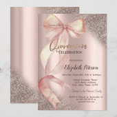 Chic Pink Bow Glitter Rose Gold  Quinceañera Einladung (Vorne/Hinten)