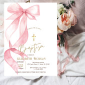 Chic Pink Bow Gold Cross Baptism Einladung