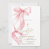 Chic Pink Bow Gold Cross Baptism Einladung (Vorderseite)