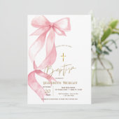 Chic Pink Bow Gold Cross Baptism Einladung (Stehend Vorderseite)