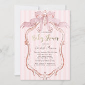 Chic Pink Bow Retro Frame Striped Baby Shower Einladung (Vorderseite)