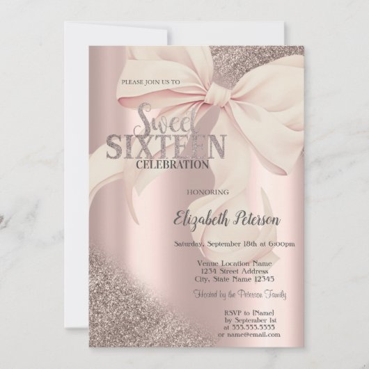 Chic Pink Bow Rose Gold Sweet 16  Einladung (Vorderseite)