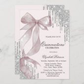 Chic Pink Bow Silver Glitter Drips Quinceañera Einladung (Vorne/Hinten)