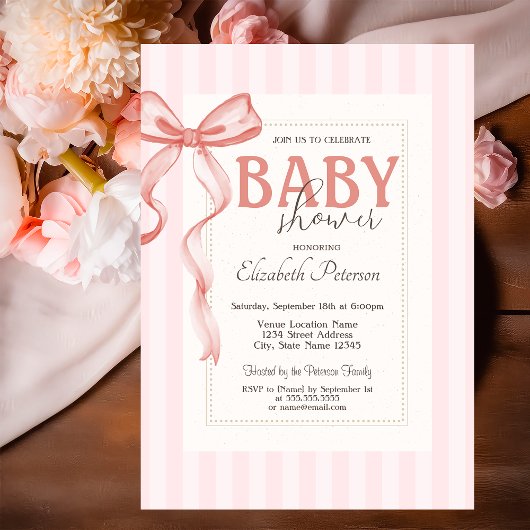 Chic Pink Bow Striping Baby Dusche Einladung