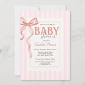 Chic Pink Bow Striping Baby Dusche Einladung (Vorderseite)