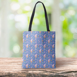 Chic Pink Bunny Floral Pattern Blue Monogram Tasche
