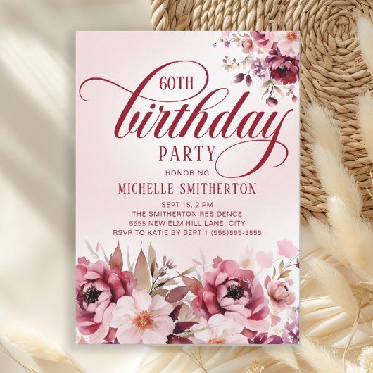 Chic Pink Burgundy Floral Glam 60th Birthday Einladung