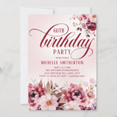 Chic Pink Burgundy Floral Glam 60th Birthday Einladung (Vorderseite)