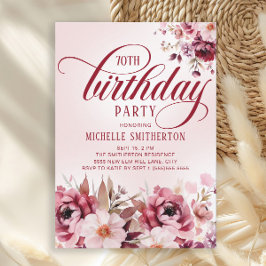 Chic Pink Burgundy Floral Glam 70th Birthday Einladung