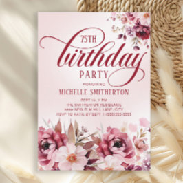 Chic Pink Burgundy Floral Glam 75th Birthday Einladung