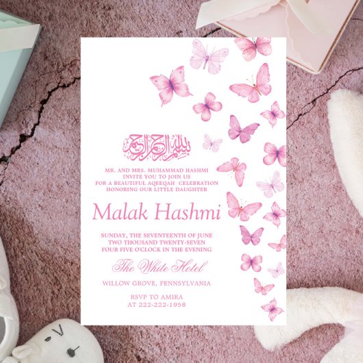 Chic Pink Butterflies Islamic Aqiqa Aqeeqah Einladung