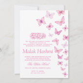 Chic Pink Butterflies Islamic Aqiqa Aqeeqah Einladung (Vorderseite)