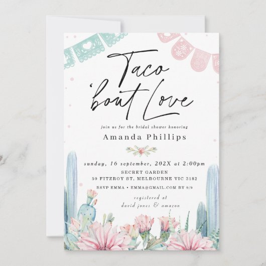 Chic Pink Cactus Taco Bout Liebe Brautparty Einladung (Vorderseite)