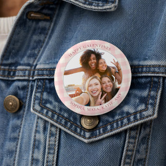 Chic Pink Check Typography Photo Galentine's Day Button