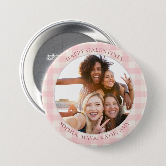 Chic Pink Check Typography Photo Galentines Day Button (Vorne & Hinten)