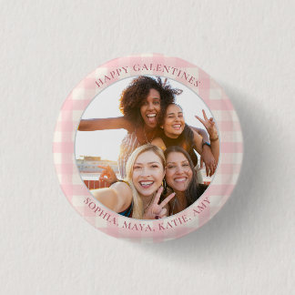 Chic Pink Check Typography Photo Galentine's Day Button