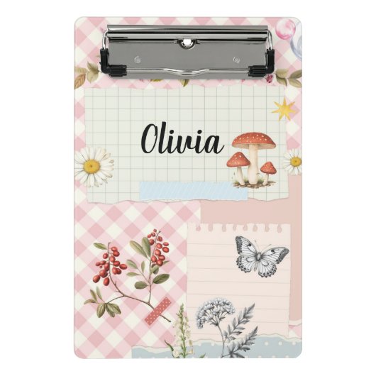 Chic Pink Checkered Mini-Zwischenablage mit floral Mini Klemmbrett (Vorderseite)