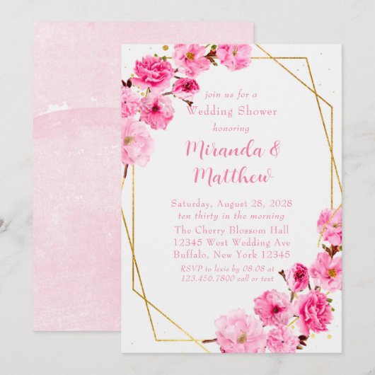Chic Pink Cherry Blossom Geometrischer Polterabend Einladung (Vorne/Hinten)