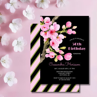 Chic Pink Cherry Blossom Sakura Black Birthday Einladung