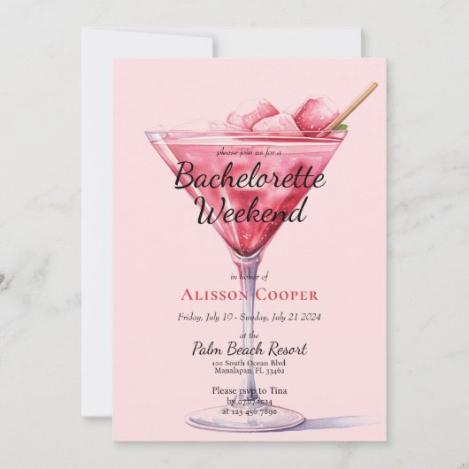 Chic Pink Cocktails | Bachelorette Weekend Einladung (Vorderseite)