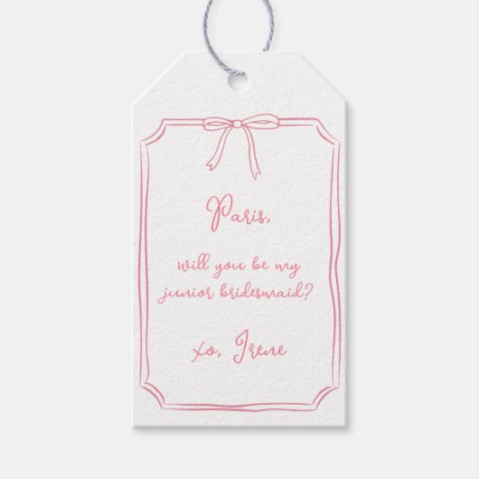 Chic Pink Coquette Bow Junior Bridesmaid Vorschlag Geschenkanhänger (Vorderseite)