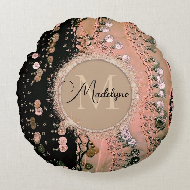 Chic Pink Coral und Black Sinti und Roma Scarf Rundes Kissen (Vorderseite)