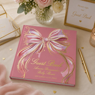Chic Pink Couture Watercolor-Schleife Gold Baby Sh Gästebuch