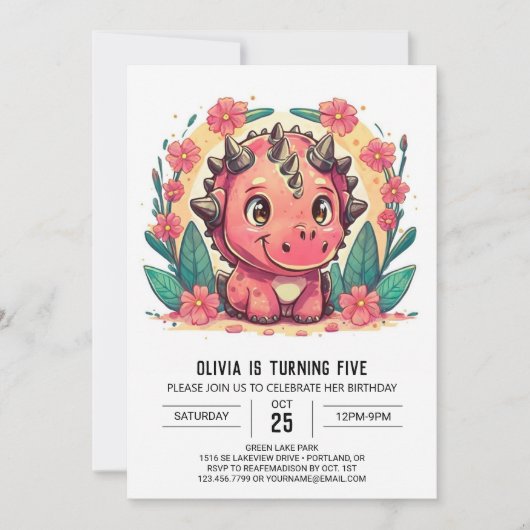 Chic Pink Custom Dinosaur Girl Geburtstag Einladung (Vorderseite)