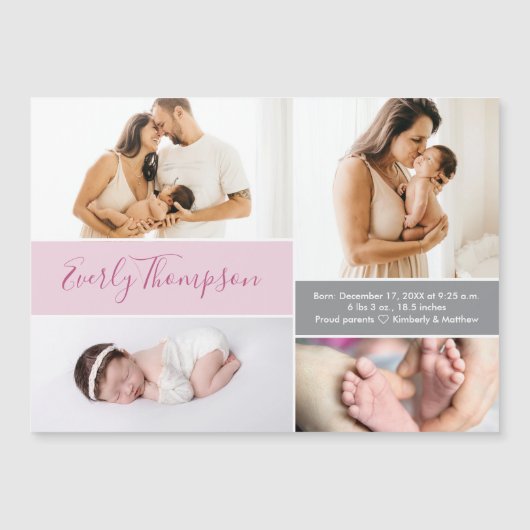 Chic Pink Custom name and baby girl photo collage Magneteinladung (Vorderseite)
