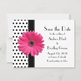 Chic Pink Daisy Blume Black and White Polka Dot Save The Date