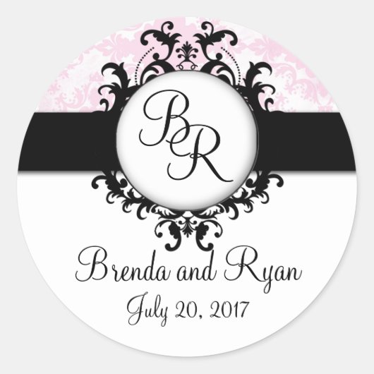 Chic Pink Damask Initial Wedding Sticker (Vorderseite)