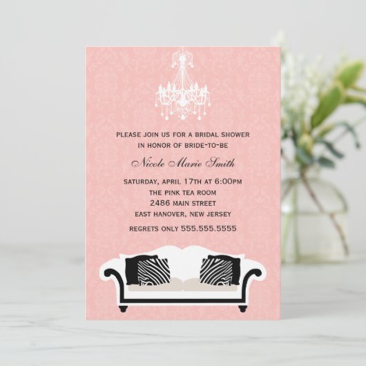 Chic Pink Damask Muster Einladung (Stehend Vorderseite)