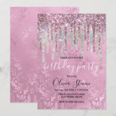 Chic pink Damask tropfen Einhorn Glitzer Monogramm Einladung (Vorne/Hinten)