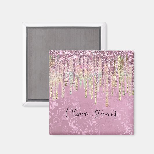 Chic pink Damask tropfen Einhorn Glitzer Monogramm Magnet (Vorderseite/Rückseite)